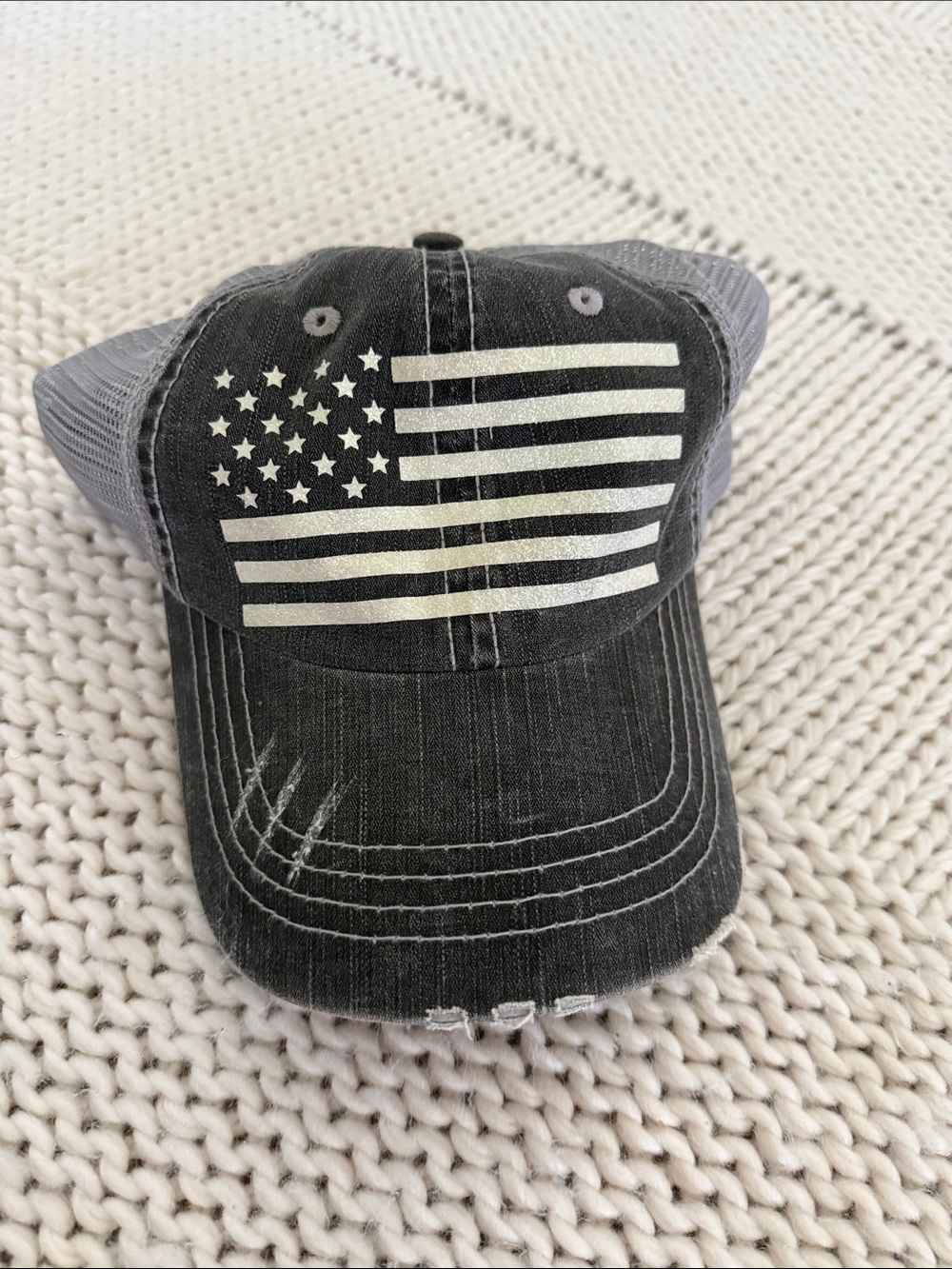 Distressed Black Trucker Hat with American Flag